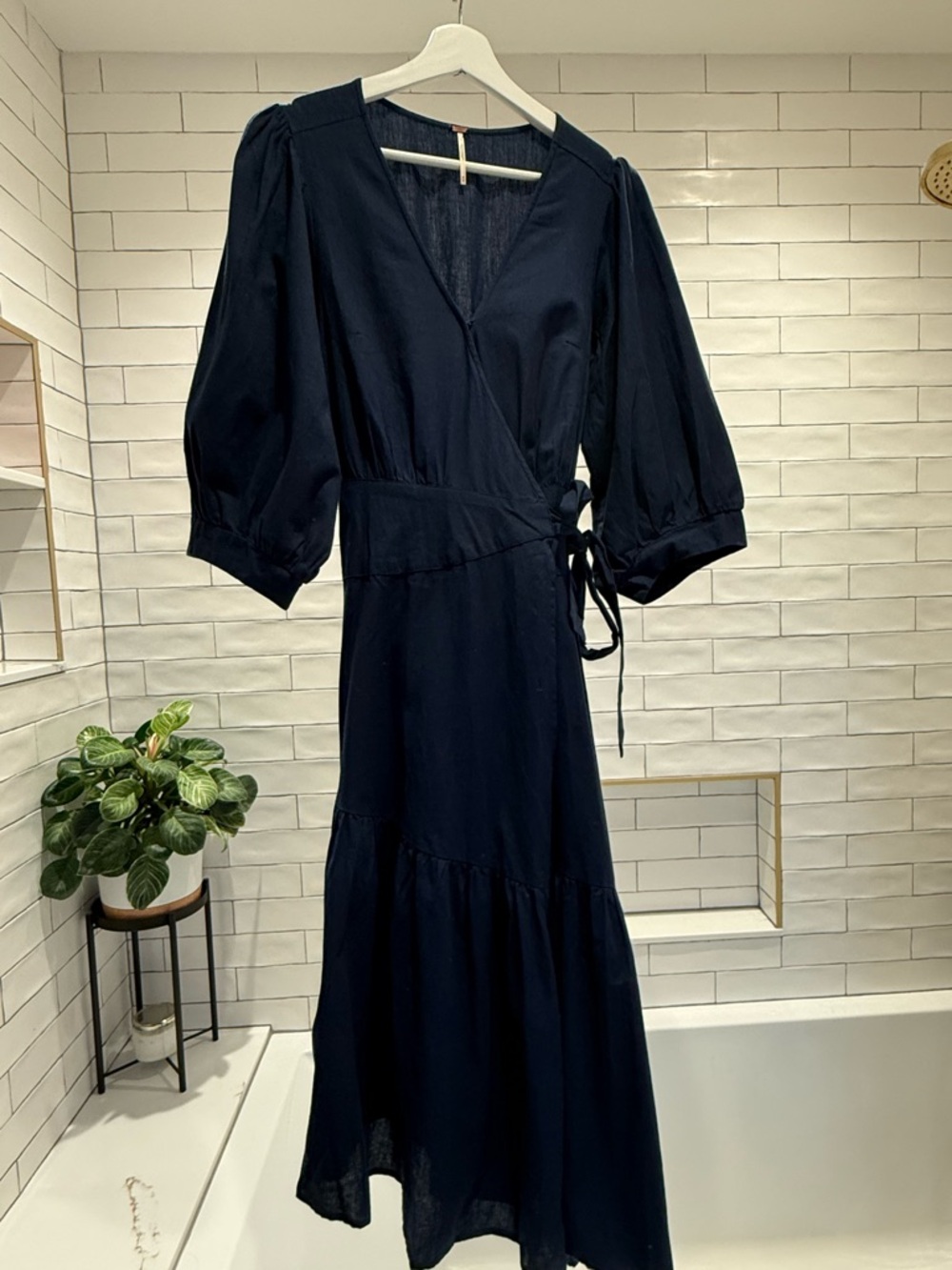 Free People Navy Linen Wrap Dress “Don’t Mind If I Do”
